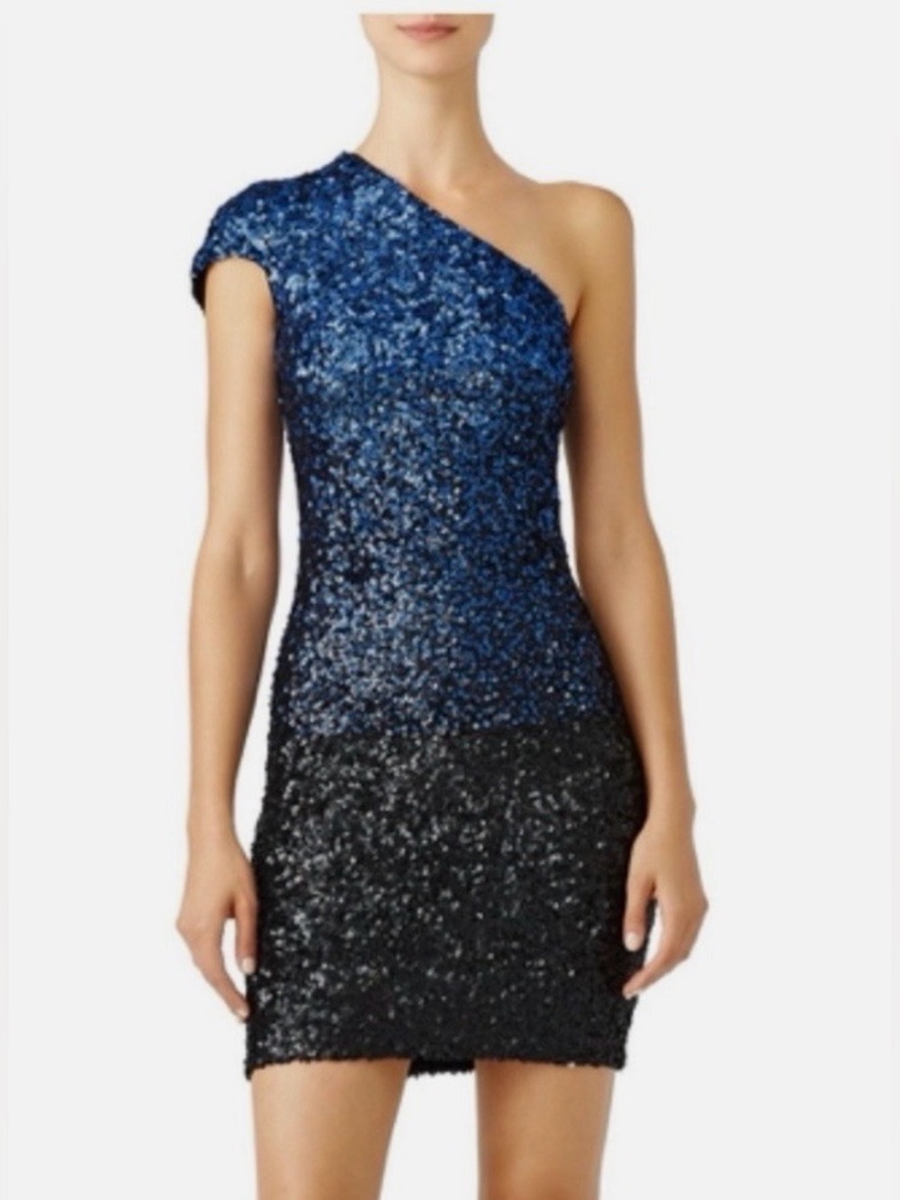 Dress the Population One-Shoulder Sequin Mini Dress in Blue and Black
